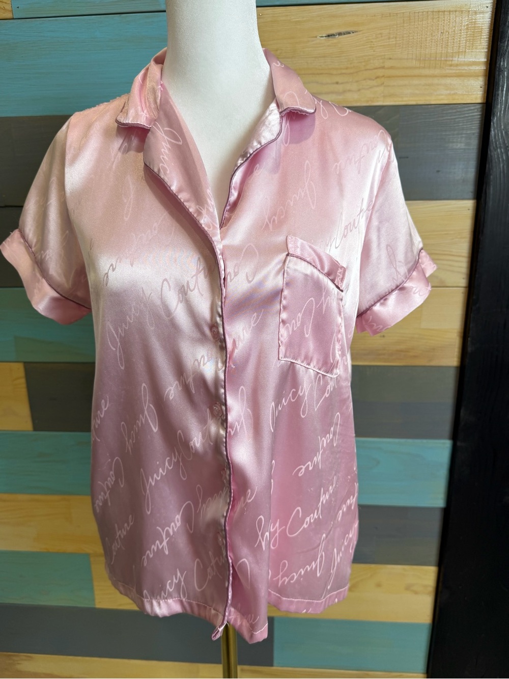 Juicy Couture Pink Satin Cursive Logo-Trim Sleep Shirt Button Down Romantic Y2K